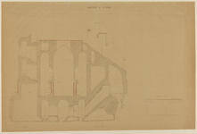 217424 Doorsnede van het beneden-vierkant van de Domtoren te Utrecht, van noord naar zuid, over de kelder en de ...